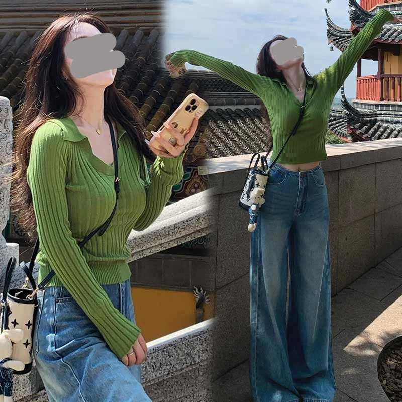 韩系慵懒风绿色针织衫牛仔裤两件套2025秋季新款联系时尚女装套装
