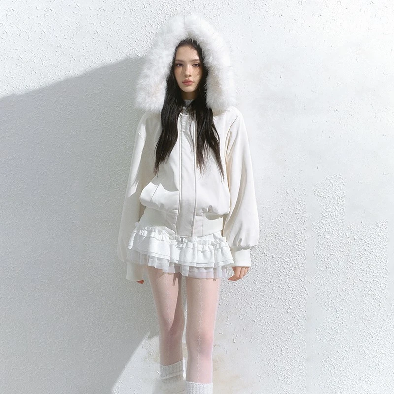 SALTHe盐茶【北岸雪】原创白色韩系毛绒连帽派克服加厚短外套女