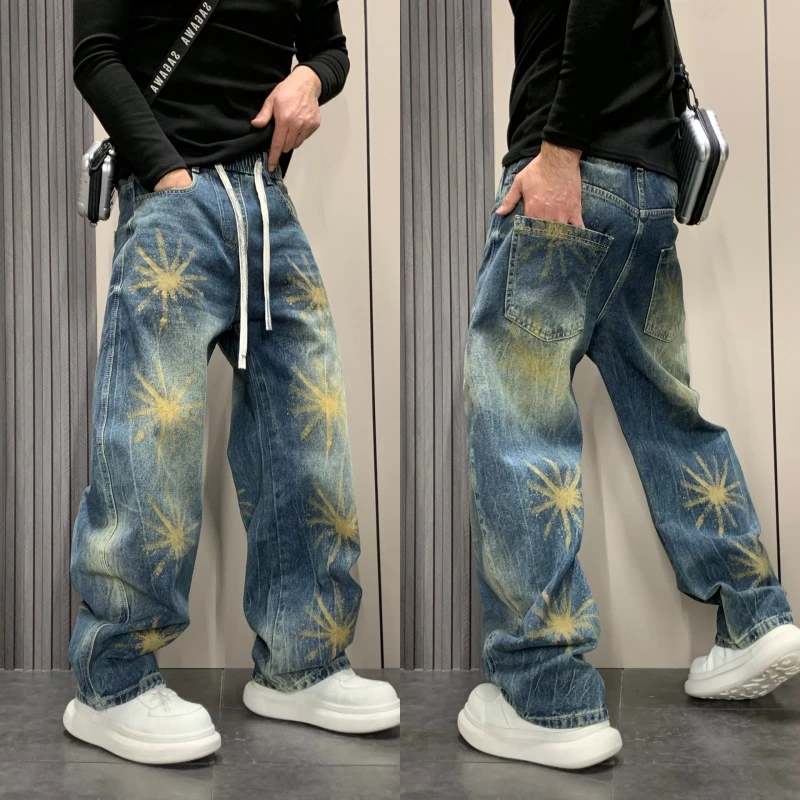 冬季新款设计感水洗牛仔裤潮流宽松松紧嘻哈风长裤个性手绘直筒裤