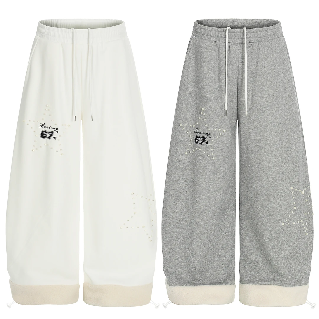 FXOP加绒加厚休闲百搭阔腿裤重工钉珠毛绒拼色设计显瘦显高休闲裤