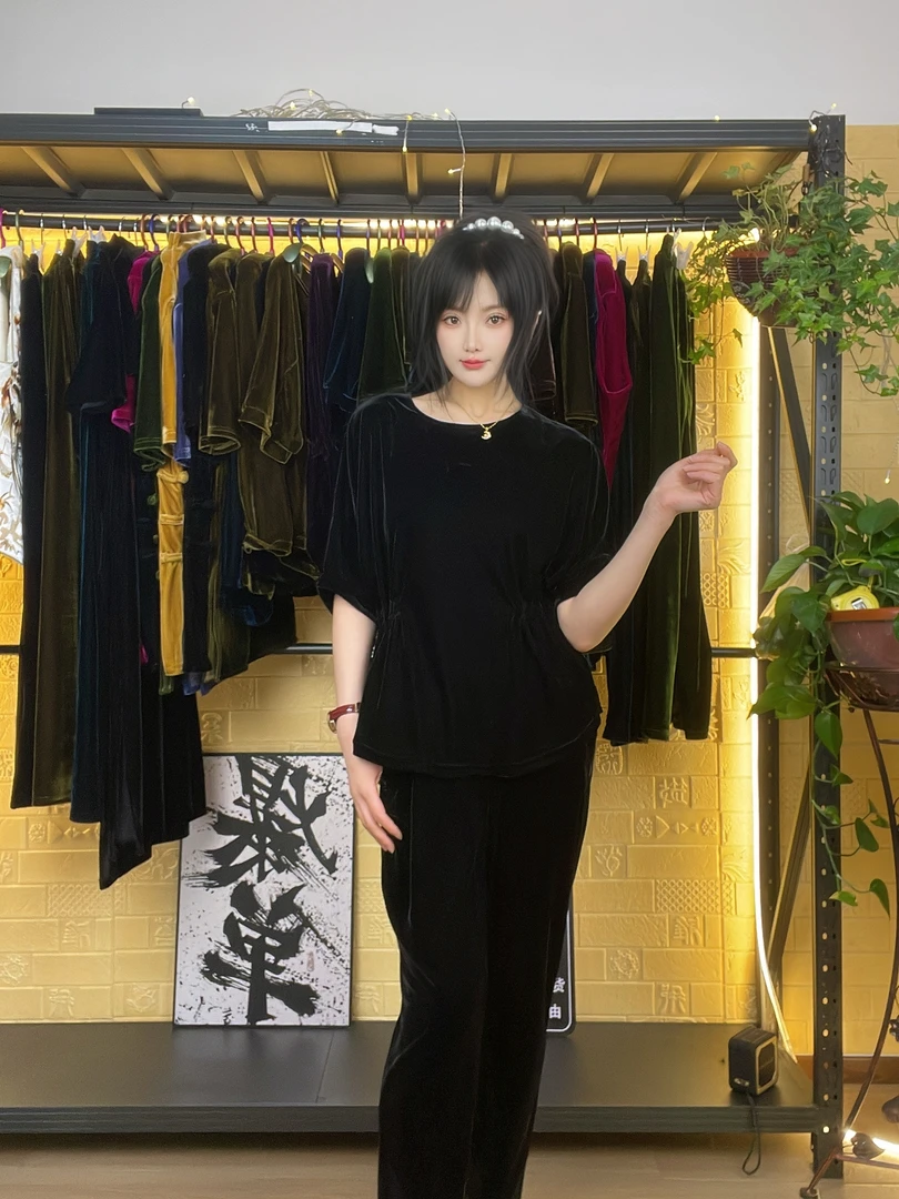 （风雅推荐）夏季清薄舒适收腰显瘦丝绒小衫
