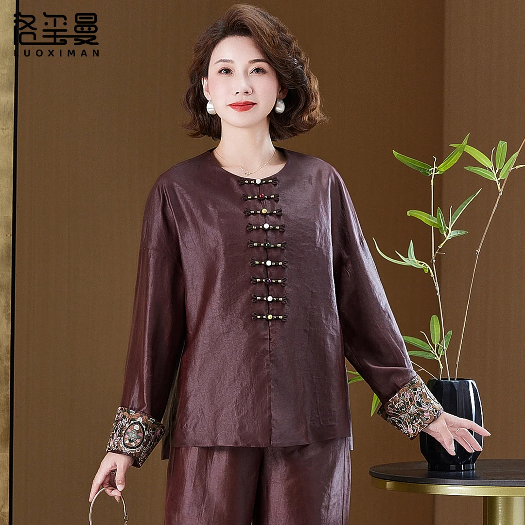 洛玺曼真丝外套女款春秋中国风妈妈装新款长袖桑蚕丝香云纱上衣