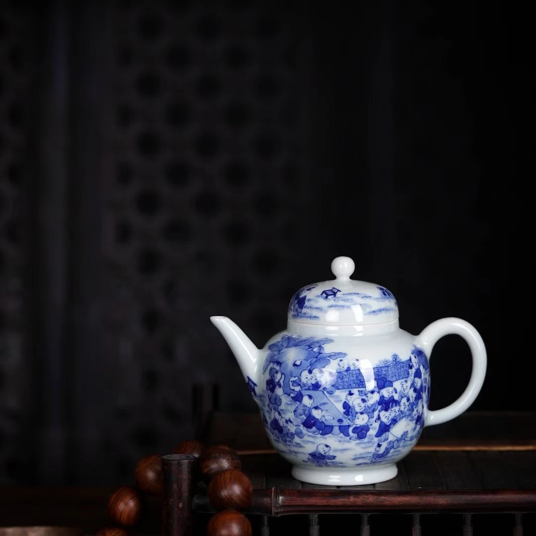 手绘陶瓷青花百子图中式茶壶单个茶具泡茶壶青花瓷复古家用纯手工