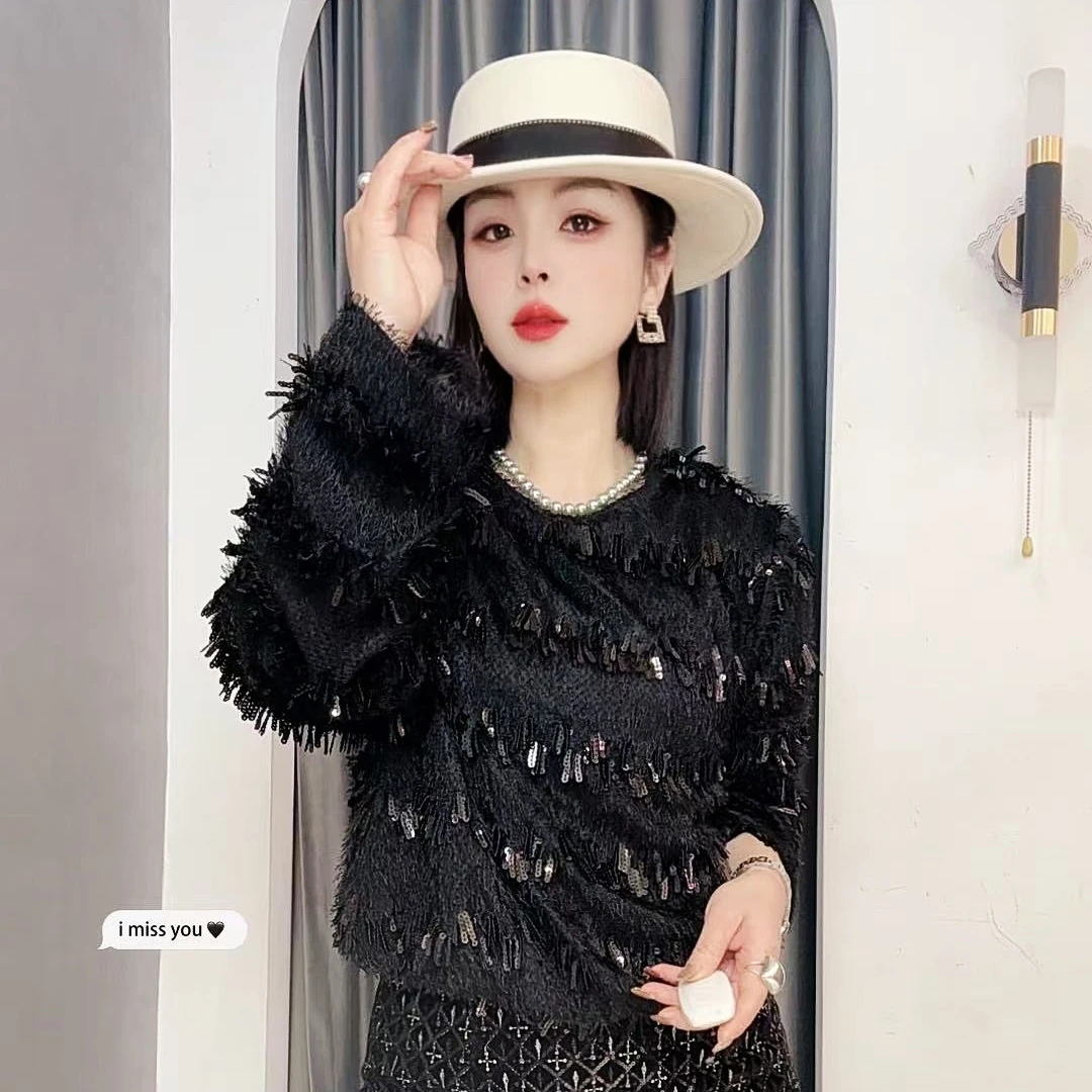【依尚精选】欧货洋气圆领气质时尚亮片宽松流苏毛衣上衣打底小衫