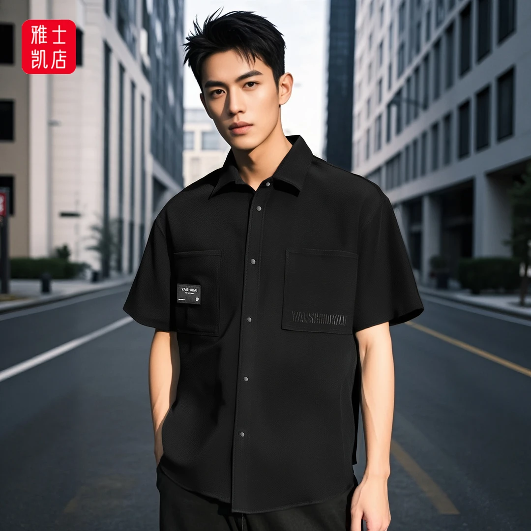 新国风凉爽衬衫男士休闲短袖夏季薄款透气7A抗菌翻领小众衬衣外套