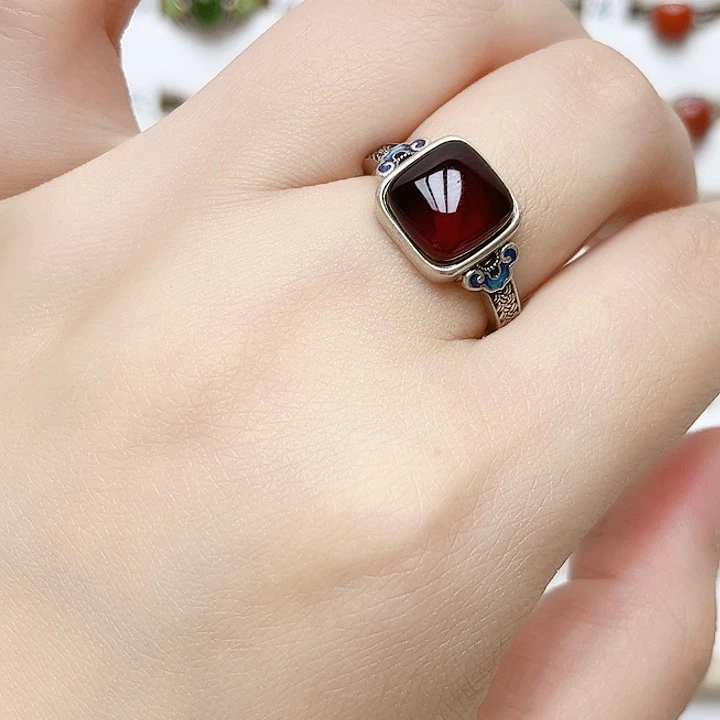 血珀银S925镶嵌戒指天然