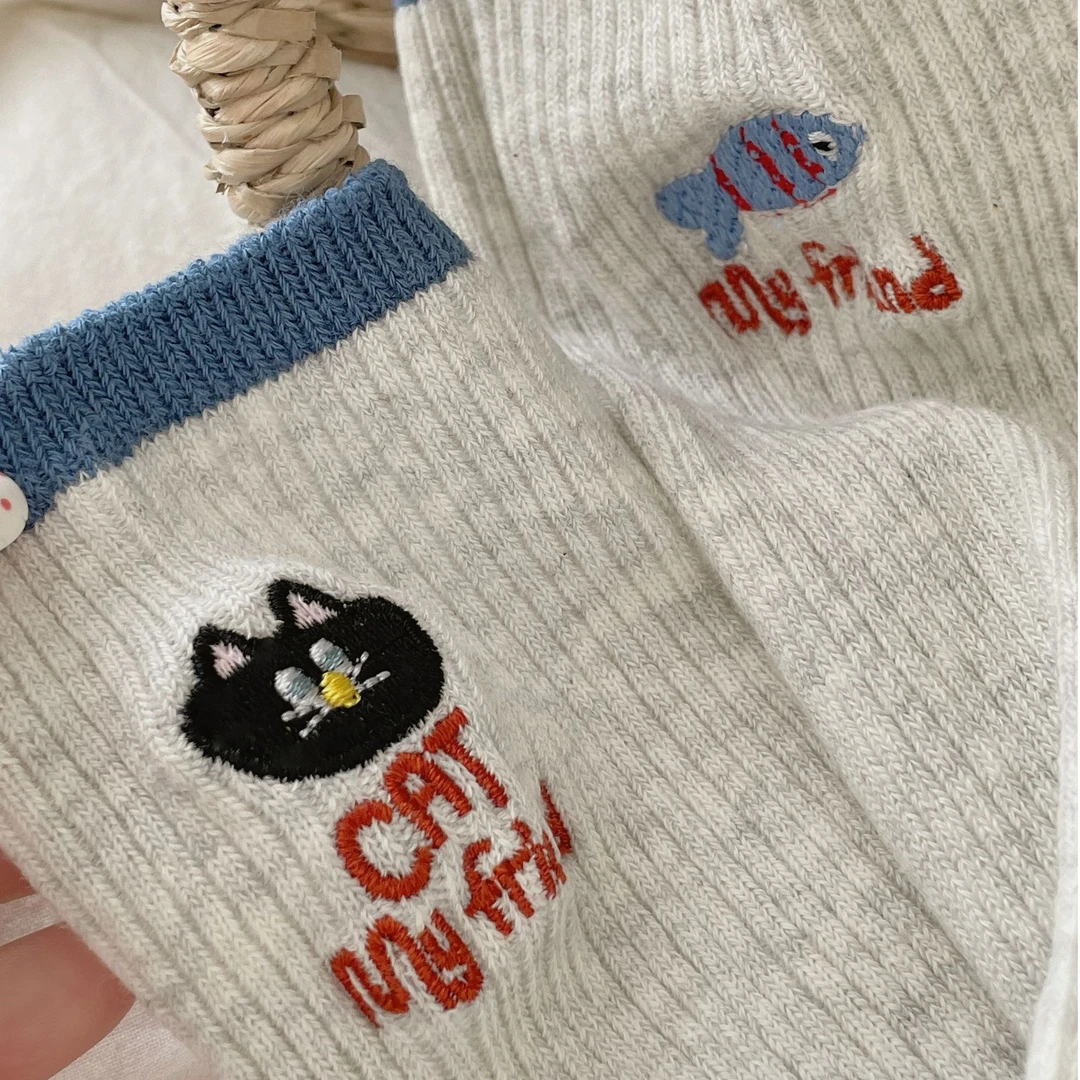 猫吃鱼堆堆袜双针袜子日系可爱袜子女中筒黑灰色学院风长袜