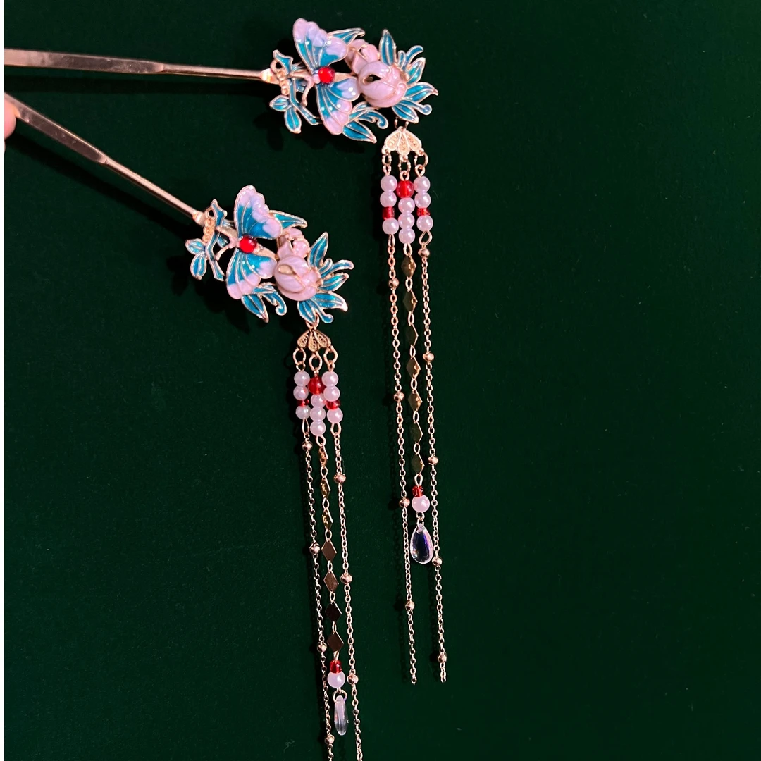 饰逅，原创蝶恋花景泰蓝烧蓝国风复古发簪流苏步摇发钗（017）