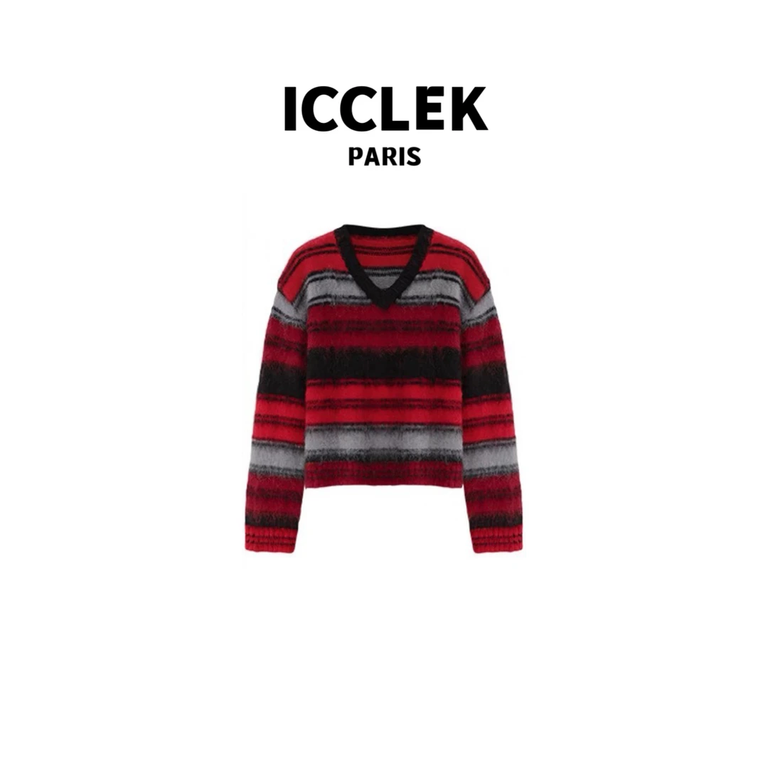 ICCLEK 撞色圆领条纹针织套头衫 气质 轻奢 名媛 -4106