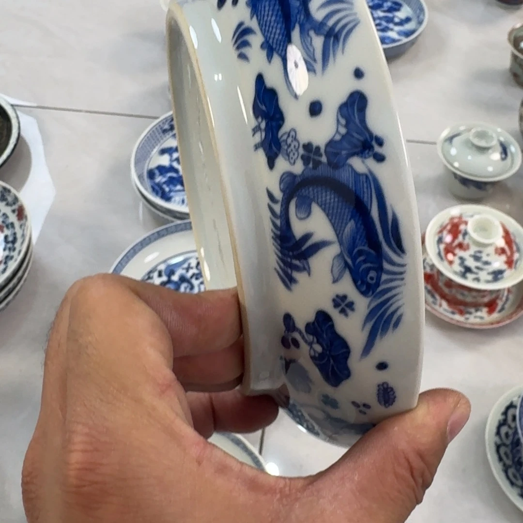 摆件陶青花鱼藻纹大壶承