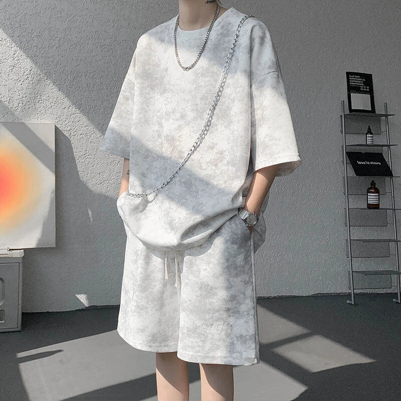 美式扎染短袖男夏季套装2025休闲废土风t恤穿搭一整套帅气运动服