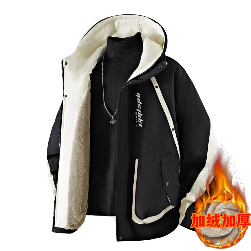 男士冬季加绒加厚款保暖印花连帽夹克外套棉衣加厚休闲大码宽松