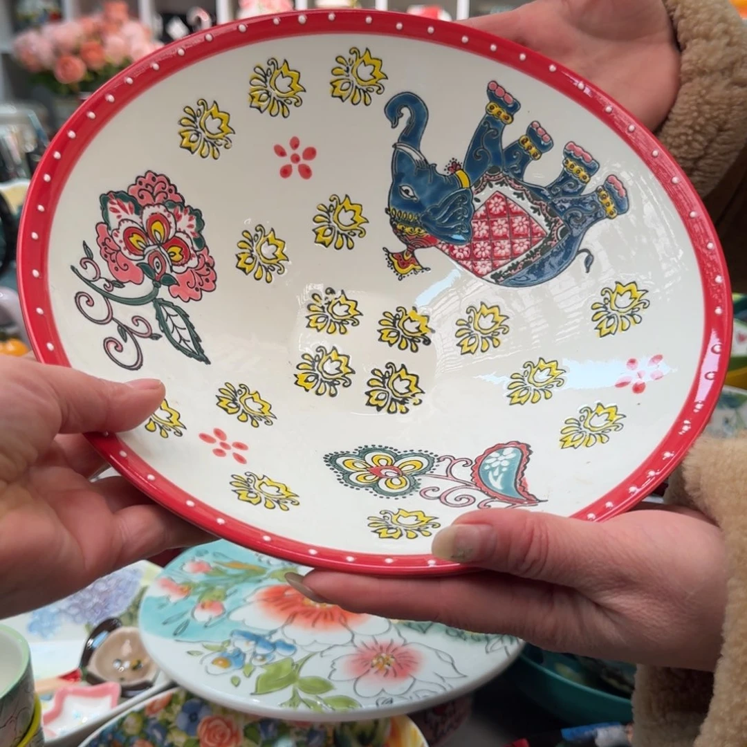 陶瓷10英寸外贸大象浮雕斗笠大碗1只