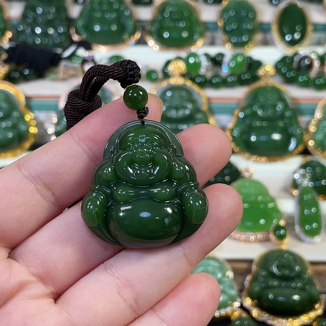 和田玉（碧玉）18K金镶嵌颈饰辣绿佛公35