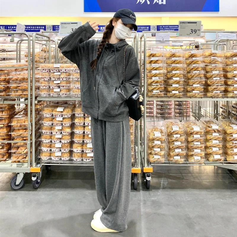 灰色慵懒风休闲运动套装女春秋2025新款松弛感卫衣外套裤子两件套