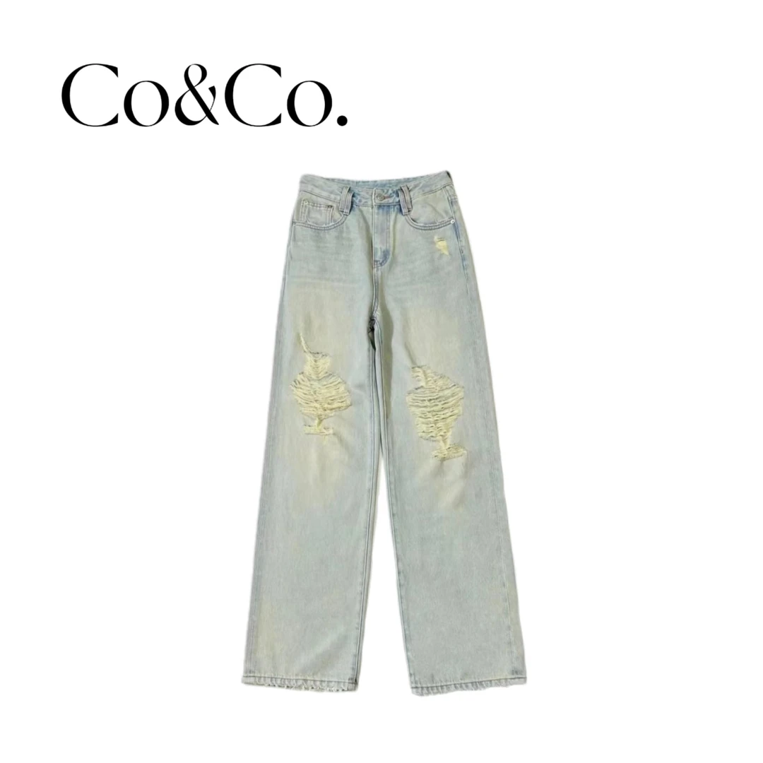 Co&Co.「潮牛裤」醋酸面料高腰破洞宽松时尚百搭直筒牛仔裤D1896