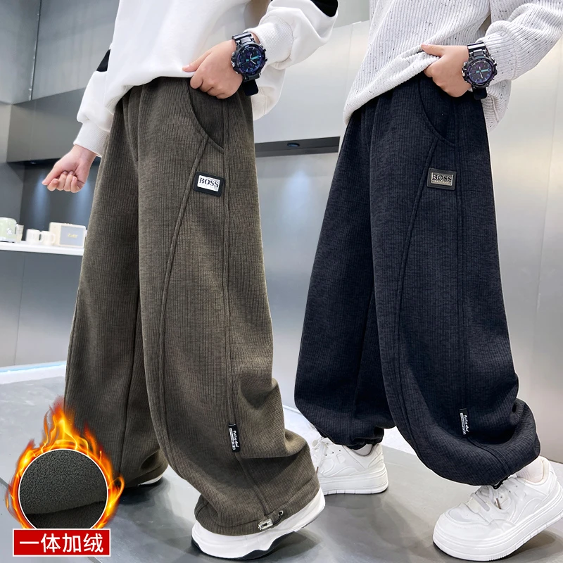 男童加绒裤子秋冬款儿童运动裤冬装2025新款大童一体绒加厚休闲裤