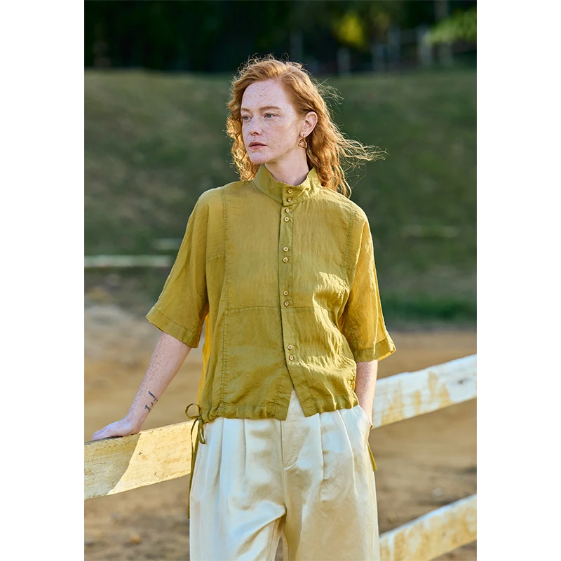 EIN/言【商场同款】纳米染烧边四孔果实扣抽绳衬衫女装25夏季新款