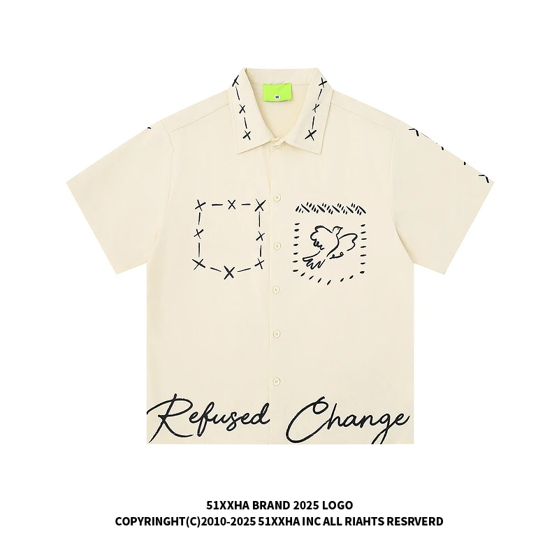 51嘻哈美式复古手绘涂鸦短袖衬衫男女夏季松弛感宽松情侣衬衣外套