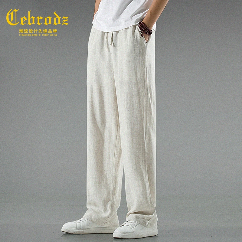 法国Cebrodz亚麻裤男裤子薄款中国风直筒宽松男士夏季棉麻休闲裤