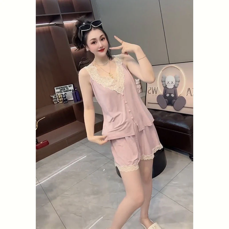 夏季超仙舒适睡衣家居服套装宽松显瘦lulu风蕾丝边洋气睡衣套装