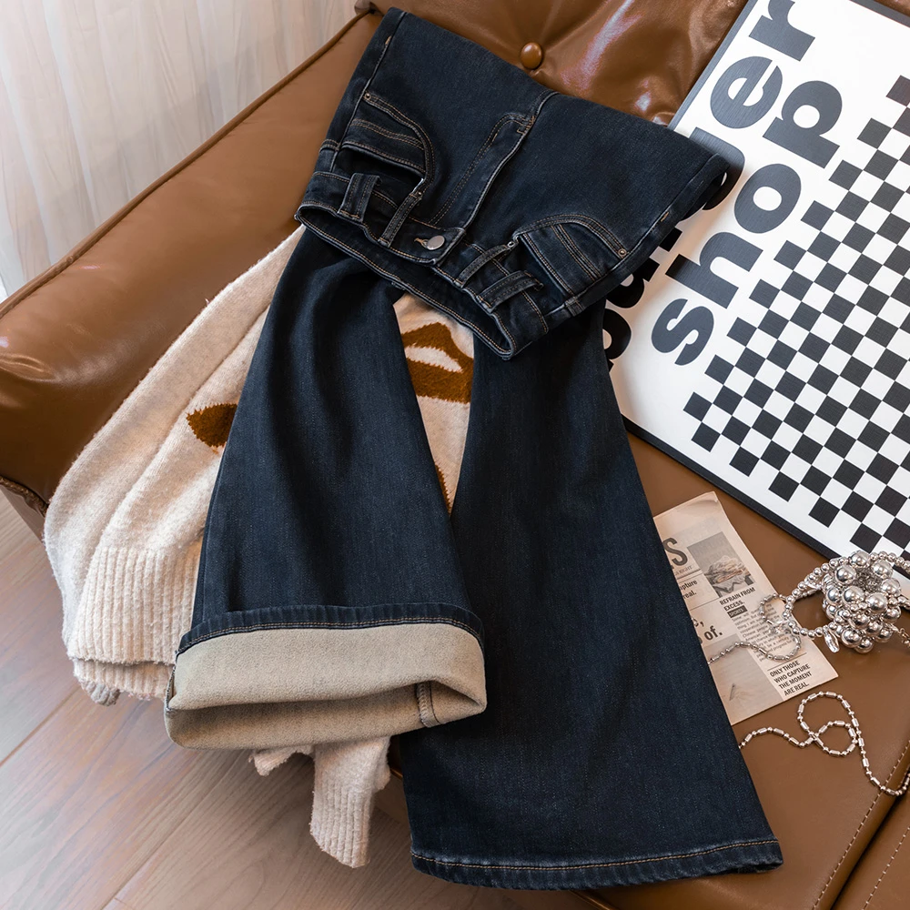 辣妹复古水洗高腰牛仔裤女冬季加绒修身显瘦微喇叭裤植绒拖地裤潮