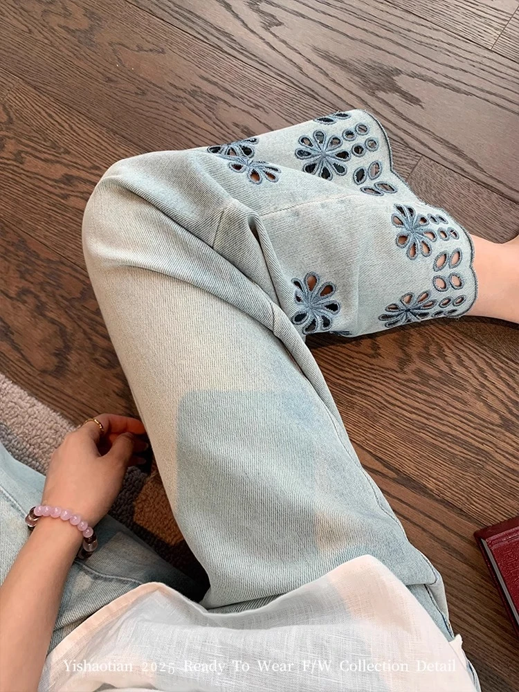 镂空刺绣花边直筒牛仔裤女2025夏季新款时尚气质显瘦百搭九分裤