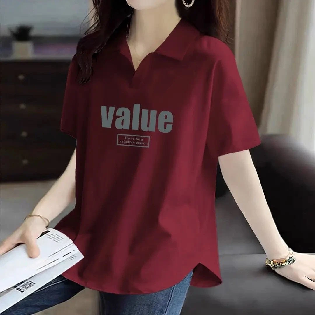 白色POLO衫女短袖夏季休闲胖MM大码宽松显瘦减龄弧形下摆翻领T恤