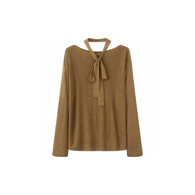 艾家商场同款2025早秋新款时尚长袖一字肩系带针织衫女AR803039