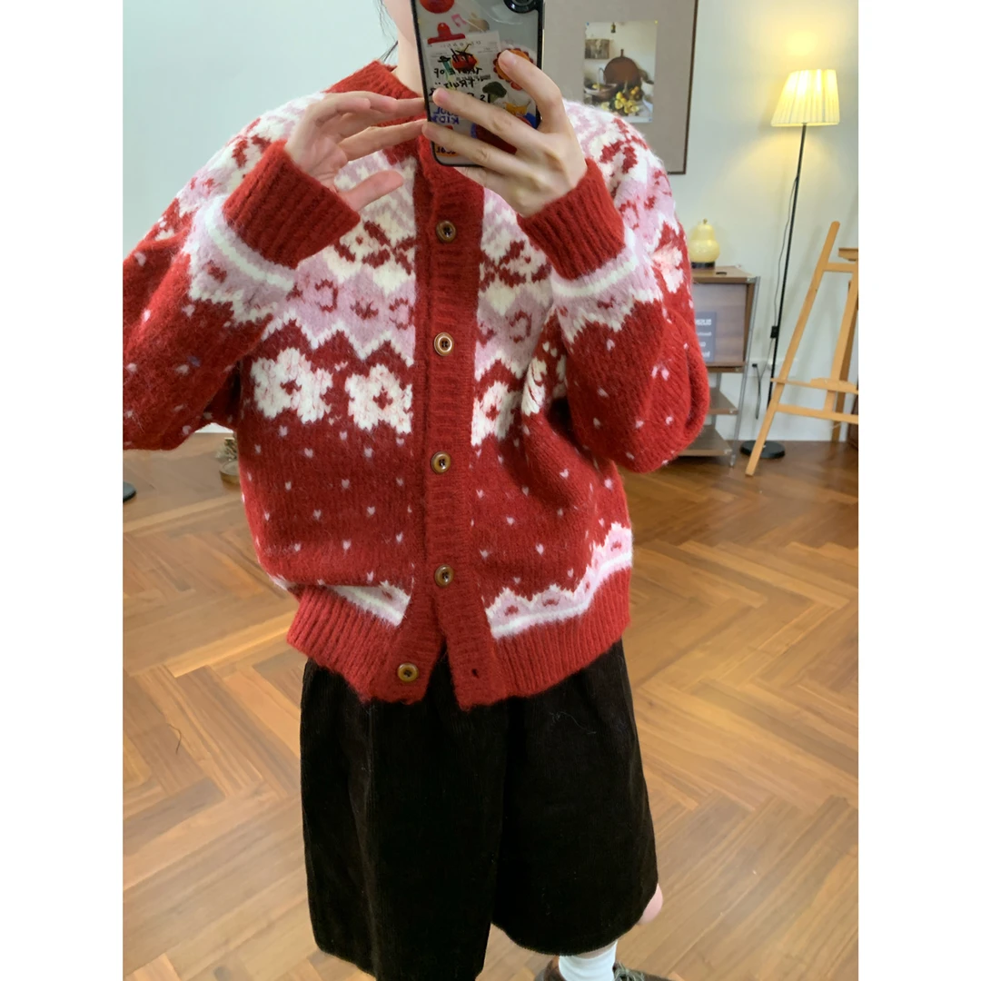 复古显白加厚费尔岛毛衣外套女韩版秋冬新款宽松百搭提花针织开衫