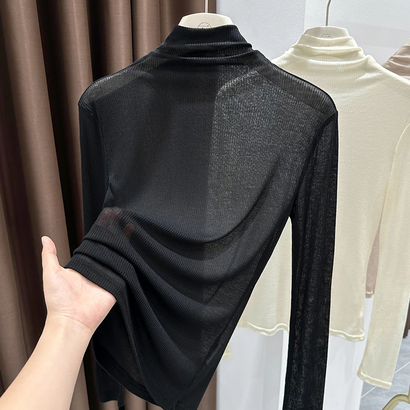 黑色堆堆高领设计长袖上衣女秋冬新款时尚内搭薄款微透T恤打底衫