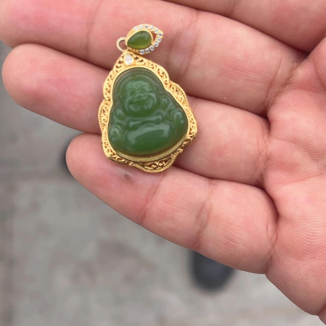 和田玉颈饰银S925镶嵌和田玉碧玉佛公