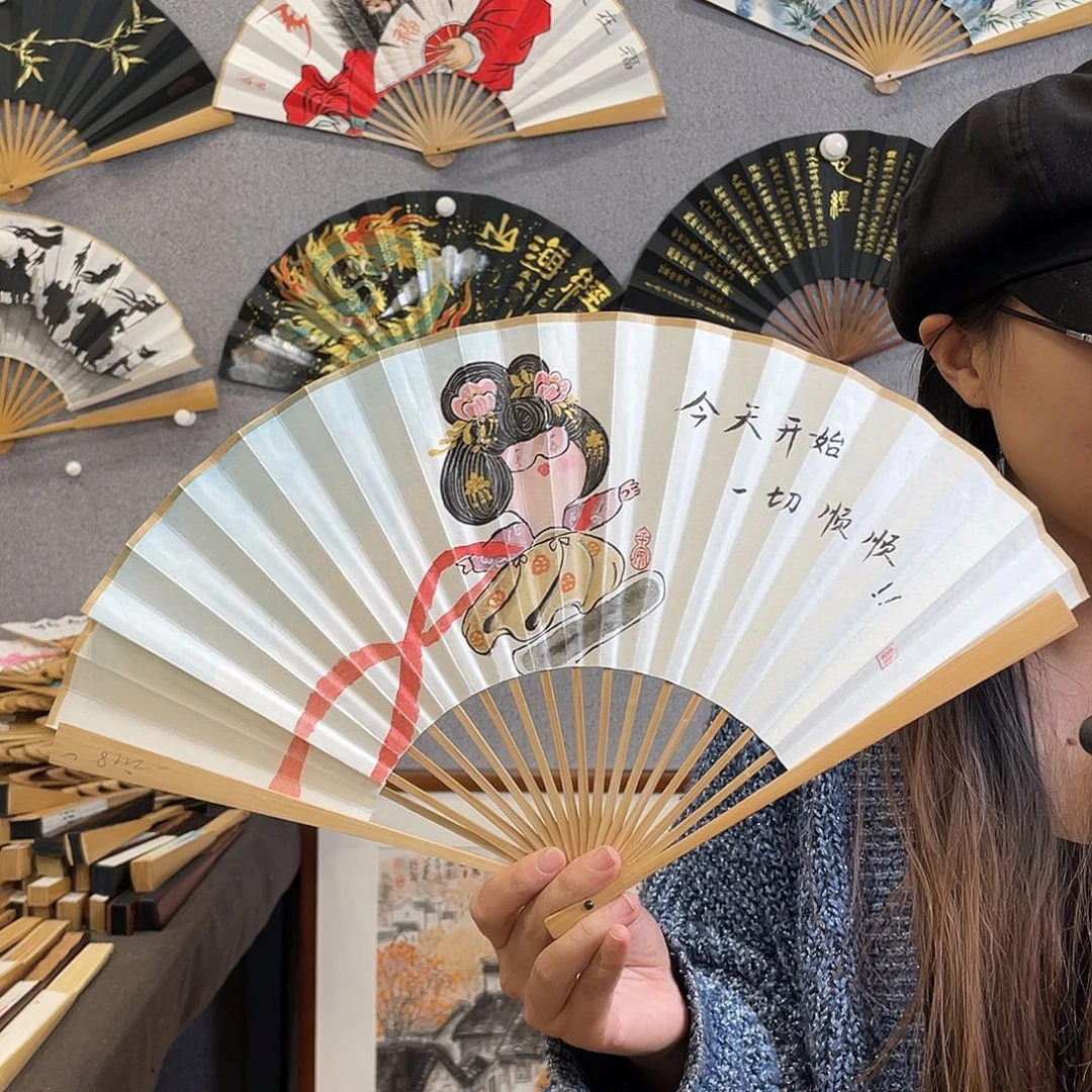 国画8寸玉竹-纯手绘-文玩扇骨（默认粘好）