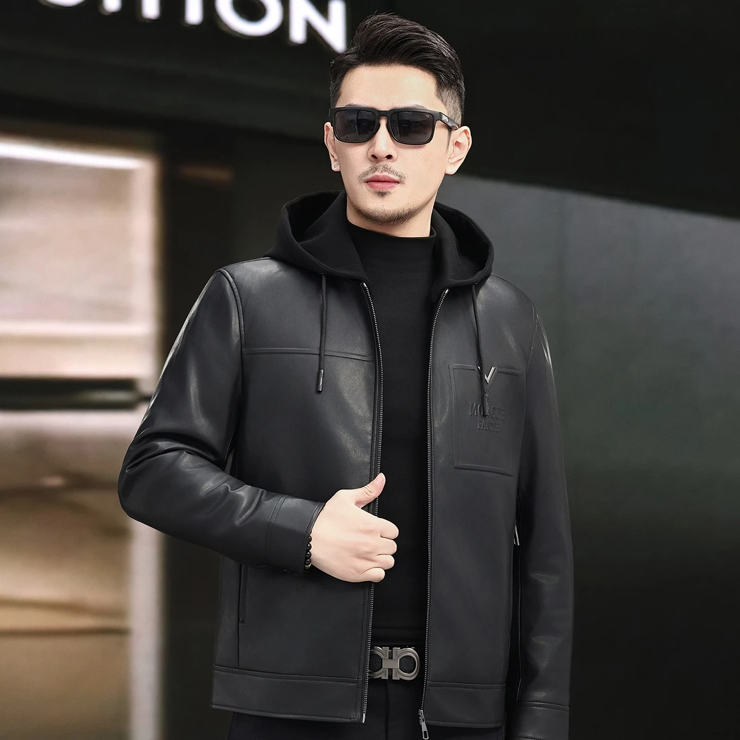 皮衣羽绒服男短款轻薄冬季连帽短款加厚夹克中年潮流男装保暖外套