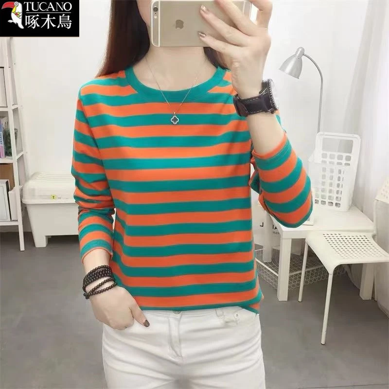 啄木鸟长袖简约风运动T恤新款大码显瘦女装秋季条纹内搭圆领上衣