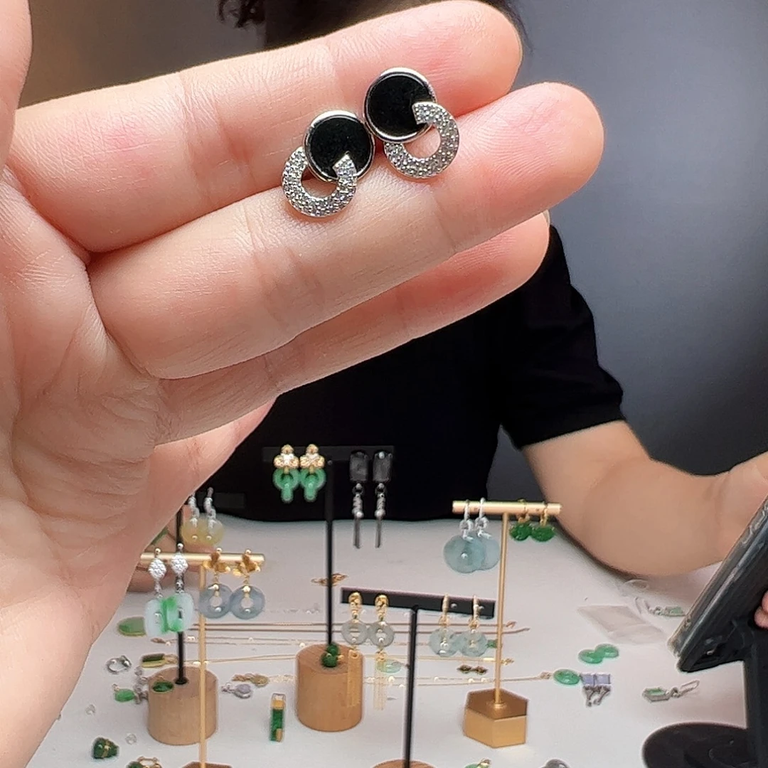 翡翠银S925镶嵌耳饰天然翡翠