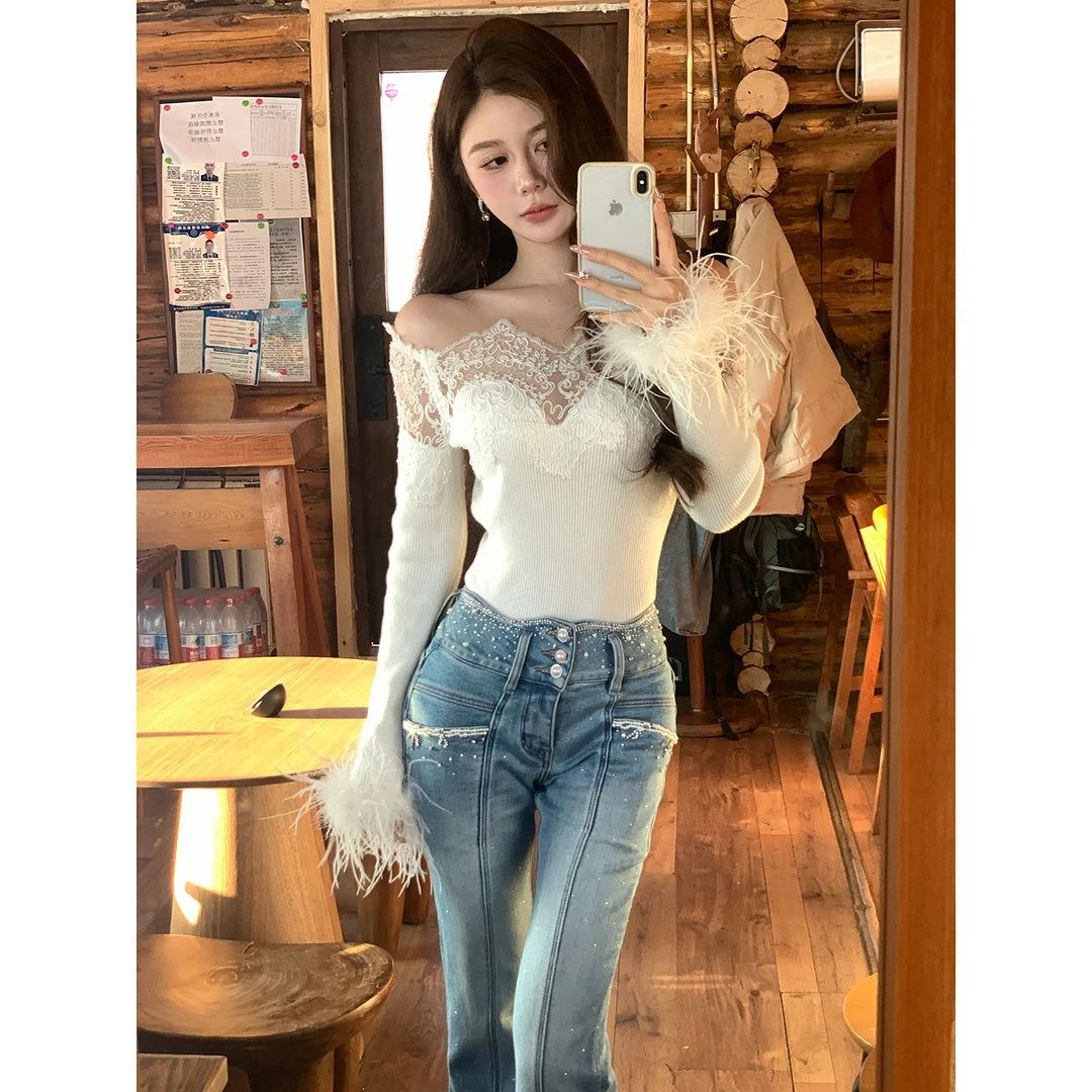 AZZHEN【腰间星辰】三七比例钉珠高腰微喇复古加绒牛仔裤AZ5PSS156