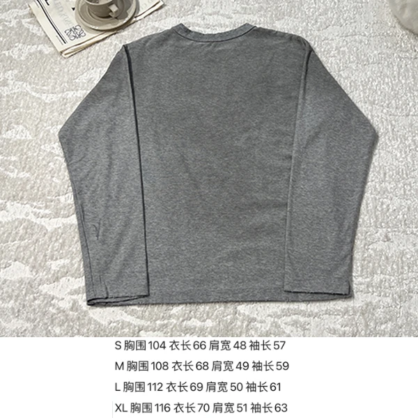 茶染水洗复古做旧设计款 棉质字母长袖T恤 早秋新款 套头百搭简约