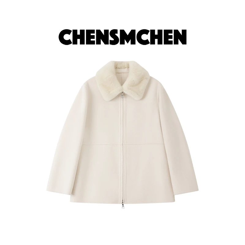 CHENSMCHEN 绵羊毛拼水貂领双面毛呢外套女简约优雅上衣CSD9377MX