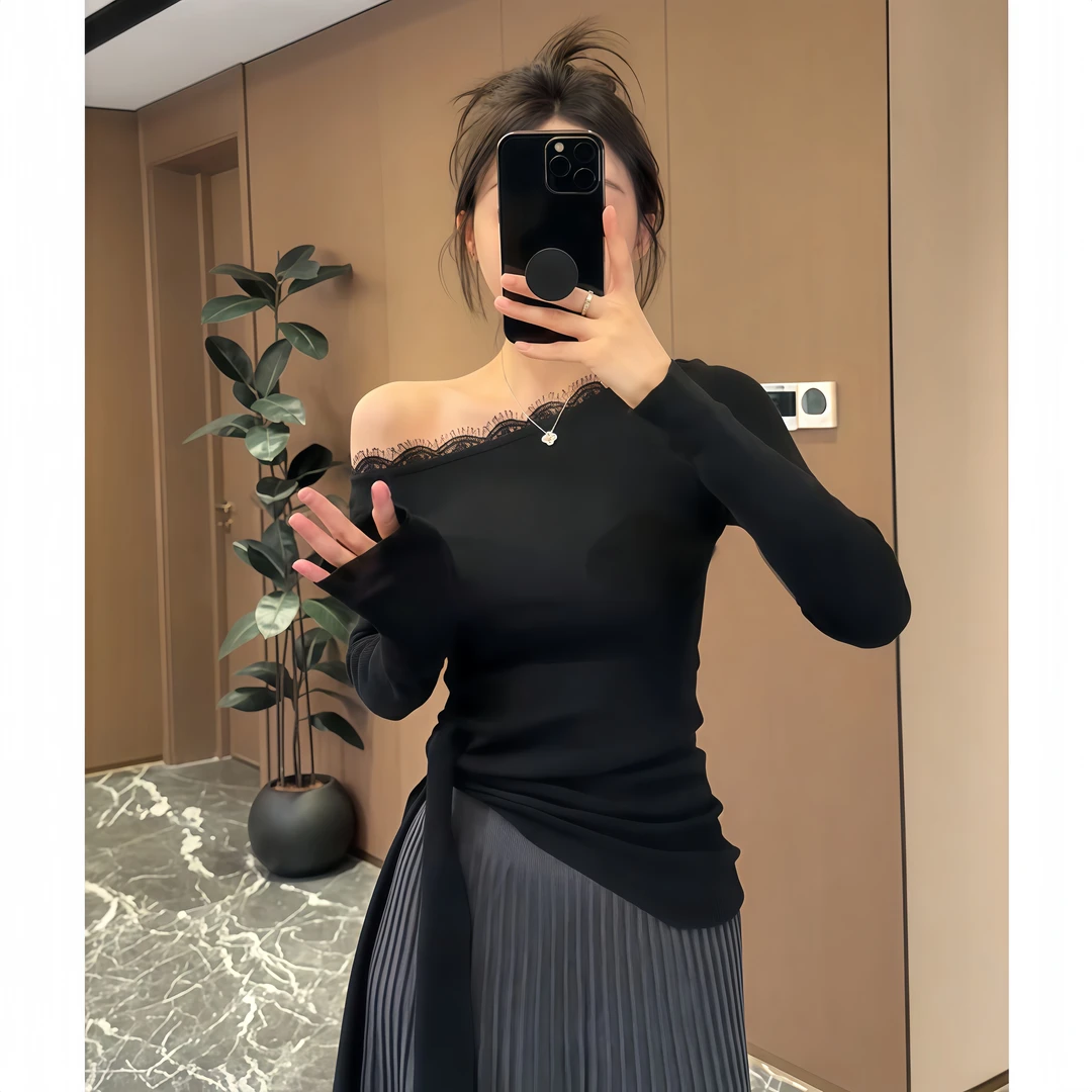 法式不规则斜肩蕾丝花边针织衫设计感小众内搭女绑带收腰打底上衣