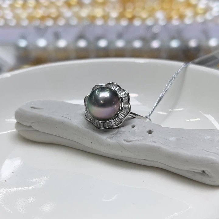 银S925镶嵌大溪地戒指9-10m 122号海水珍珠