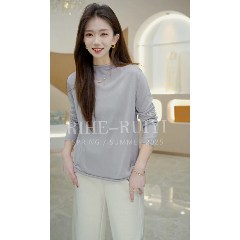 R H 2025时尚桑蚕丝T恤女百搭宽松圆领长袖时尚气质长袖S3215