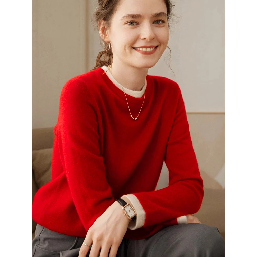 圆领羊毛衫毛衣2025春秋新款假两件上衣安可拉红色宽松针织打底衫