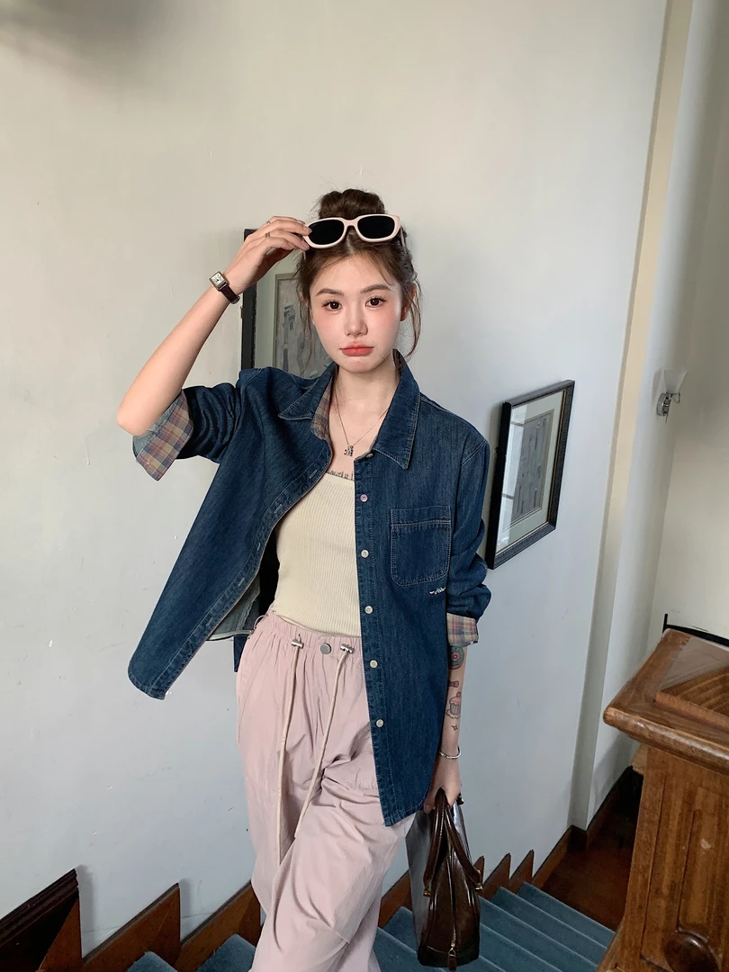 1310 复古蓝色字母刺绣百搭高品质牛仔衬衫