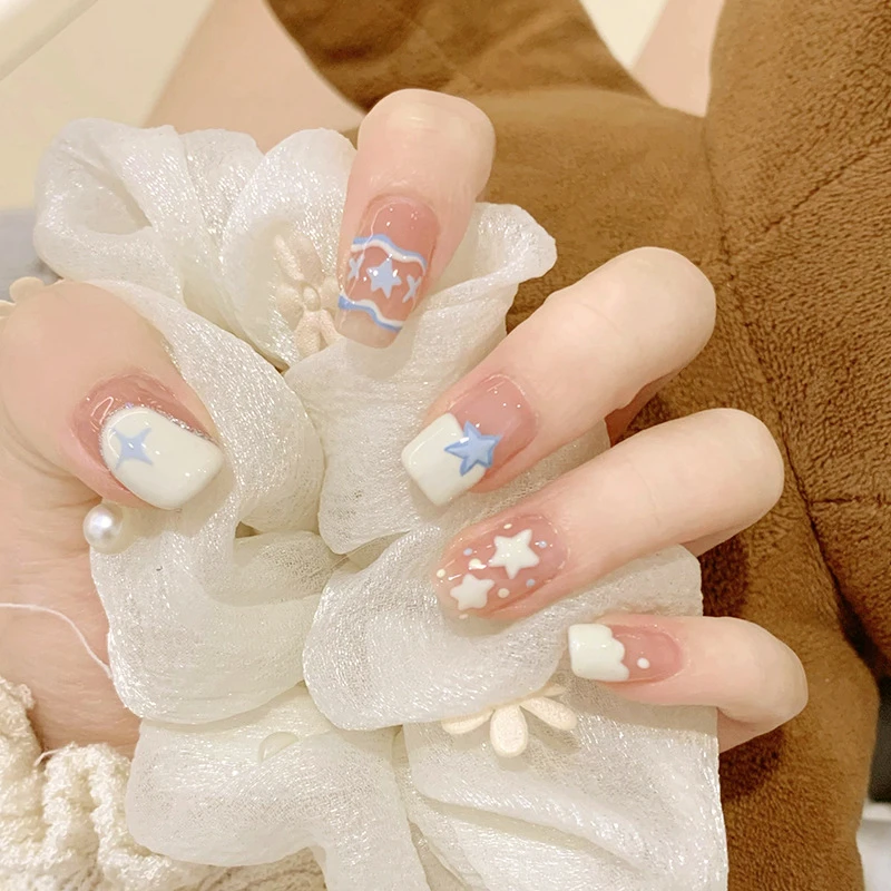 穿戴甲多巴胺奶盐星星冰透酸奶白奶蓝线条穿戴美甲片