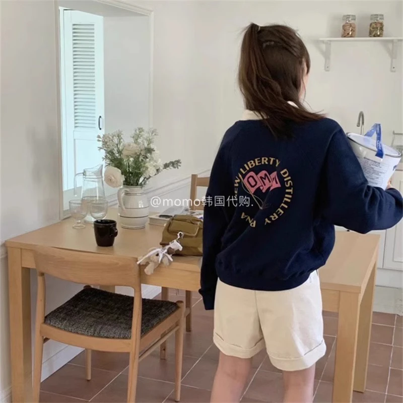 学院风撞色卡通 25早秋新款女V领拼色翻领后字母毛圈长袖卫衣