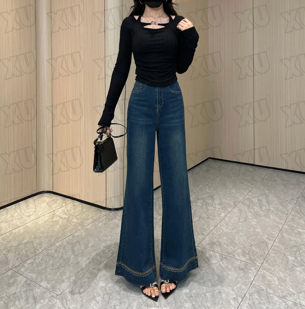 秋季新款弹力高腰阔腿喇叭牛仔裤女宽松显瘦小个子直筒裤子7614 Q