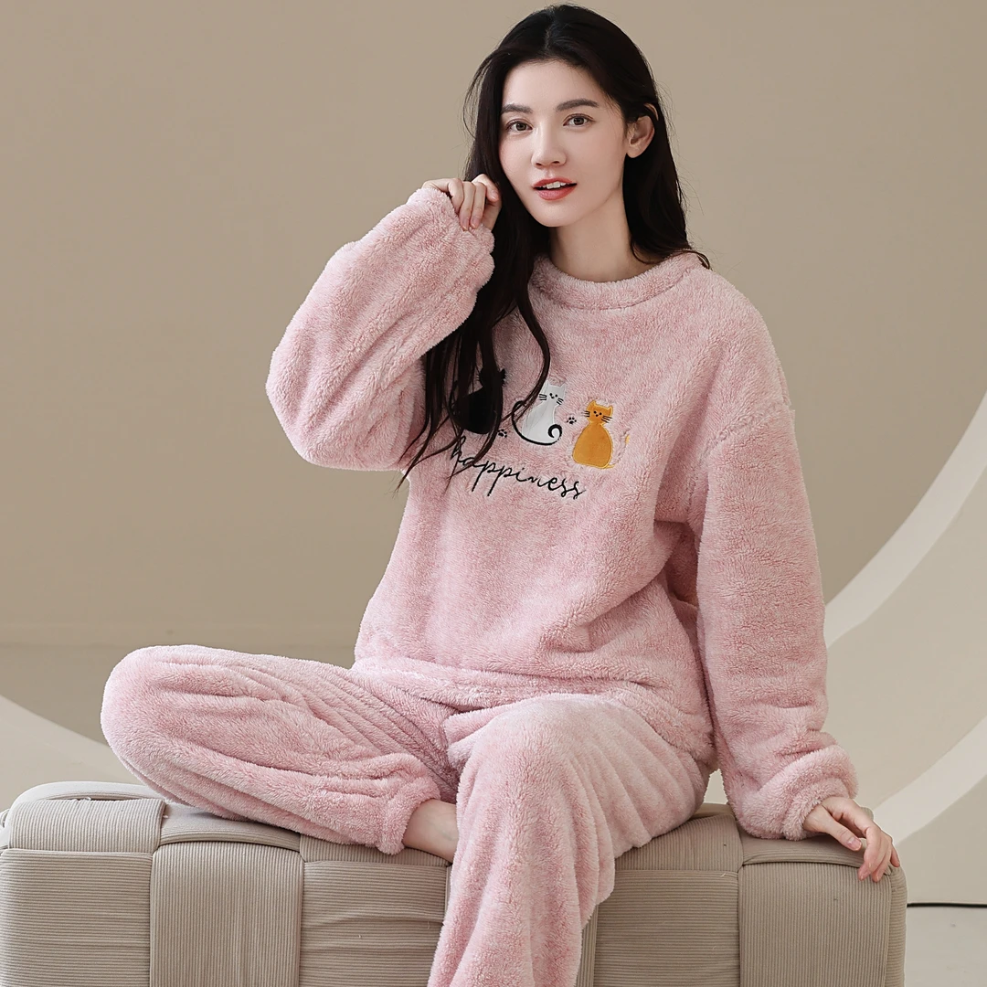 珊瑚绒睡衣女款2025年新款秋冬季加绒法兰绒卡通家居服可外穿套装