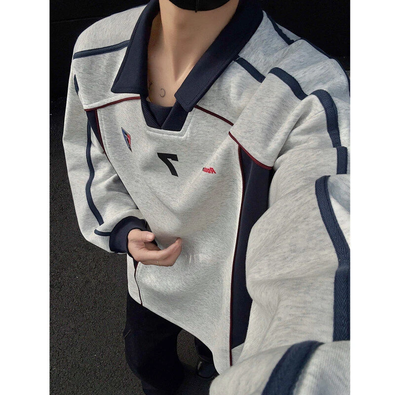美式复古拼接设计感运动风polo领情侣卫衣宽松外套男