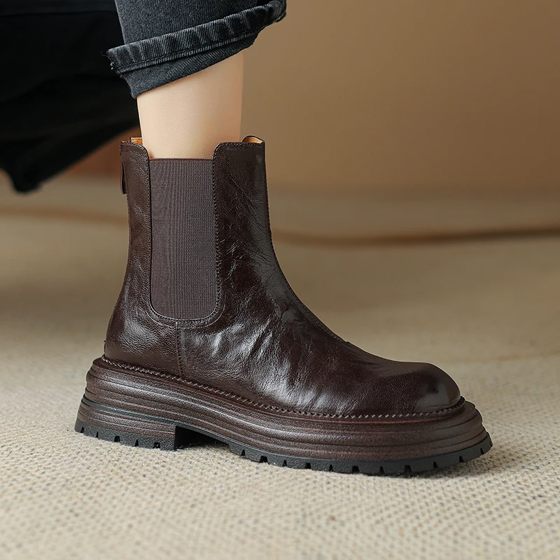 2024秋冬季新款时尚中跟粗跟切尔西靴后拉链气质真皮圆头短靴女